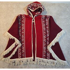Milmarte Wool Ecuadorian Poncho Fringe Hooded Cape Fair Isle Aztec Red One Size